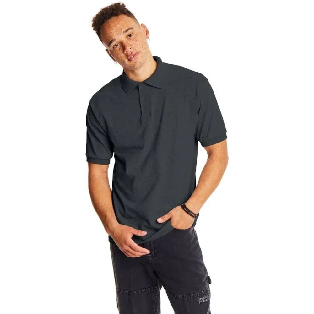 Hanes Men's EcoSmart Jersey Polo Charcoal Gray Short Sleeve Collared Shirt